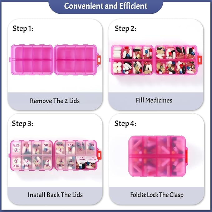 Foldable Weekly Pill Organizer 2 Times a Day with 2 Extra Compartments - Etched Labels - Portable 7 Day AM PM Medicine Box, Week Daily Travel Pill Case Holder for Meds, Vitamin, Supplement -Clear Pink