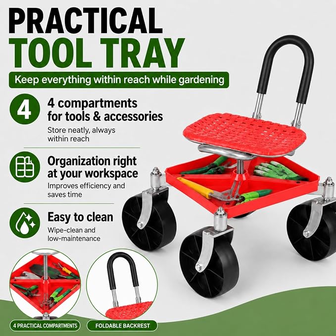 Rolling Garden Seat with Wheels, Adjustable Garden Scooter Stool with Backrest,Garden Cart with Tool Storage Tray & Backpack, Gardening Work Seat for Weeding, Planting, Yard Work (Without Backpack 2)