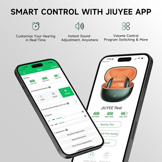 RIC OTC Bluetooth Rechargeable Hearing Aids for Seniors, AI Adaptive Noise Reduction, Smart App Control, Lightweight Comfort RIC Design with Charging Case