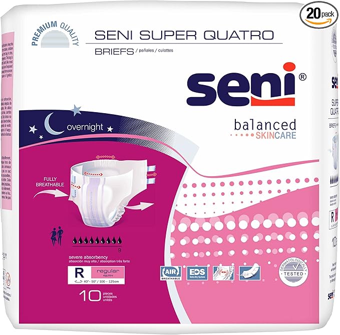 Seni Super Quatro Unisex Adult Incontinence Briefs with Tabs, Regular Size (40"-50"), 20 Count (2 Packs of 10), Severe Absorbency, Disposable Overnight Briefs for Men & Women