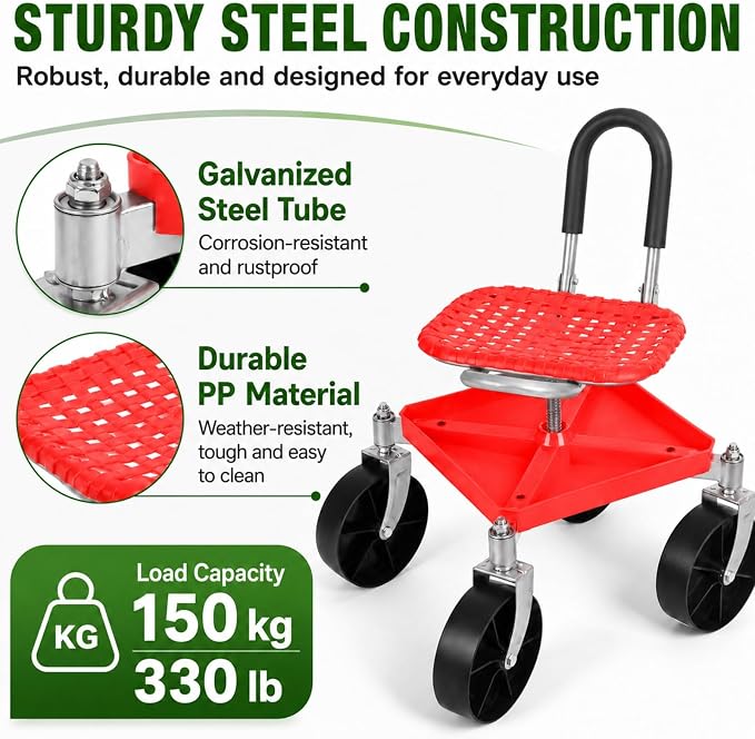 Rolling Garden Seat with Wheels, Adjustable Garden Scooter Stool with Backrest,Garden Cart with Tool Storage Tray & Backpack, Gardening Work Seat for Weeding, Planting, Yard Work (Without Backpack 2)