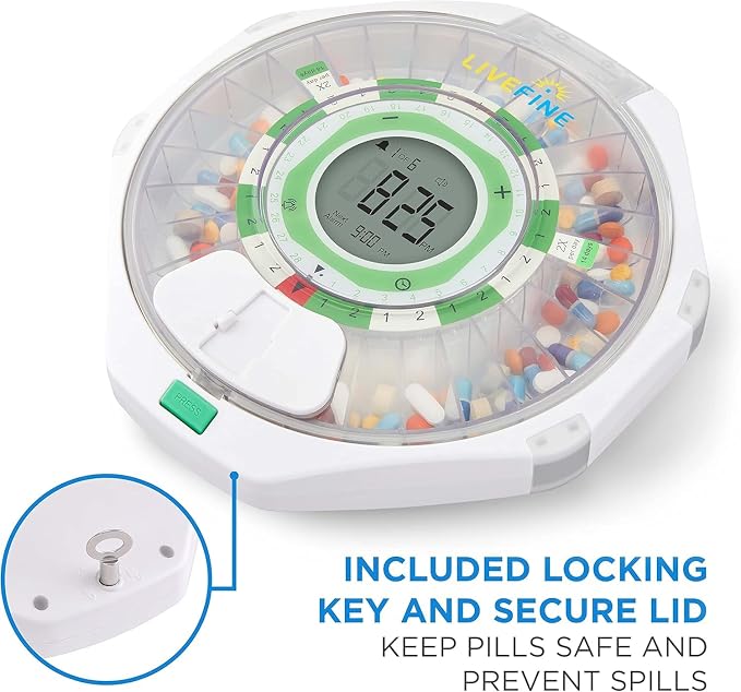 LiveFine 28-Day Automatic Pill Dispenser, 9 Dosage Rings, Clear Lid | Portable, battery-powered with a lockable key cover - built for seniors, arthritis sufferers, and caregivers.