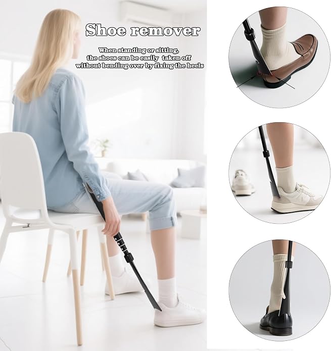 Shoe Horn Long Handle, 16.9"-37.4" Telescopic and Detachable Shoe Horn with Pants Hook and Sock Assist, Adjustable Long Handle for Seniors, Men and Women