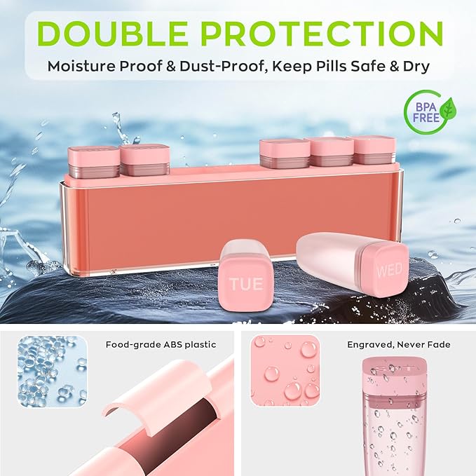 Weekly Pill Organizer 1 Time a Day, HIONXMGA Portable Detachable Travel Pill Box 7 Day, Large Once Daily Pill Holder Case, Color-Coded Dispenser for Vitamin Medicine Supplement Fish Oil, Orange Pink