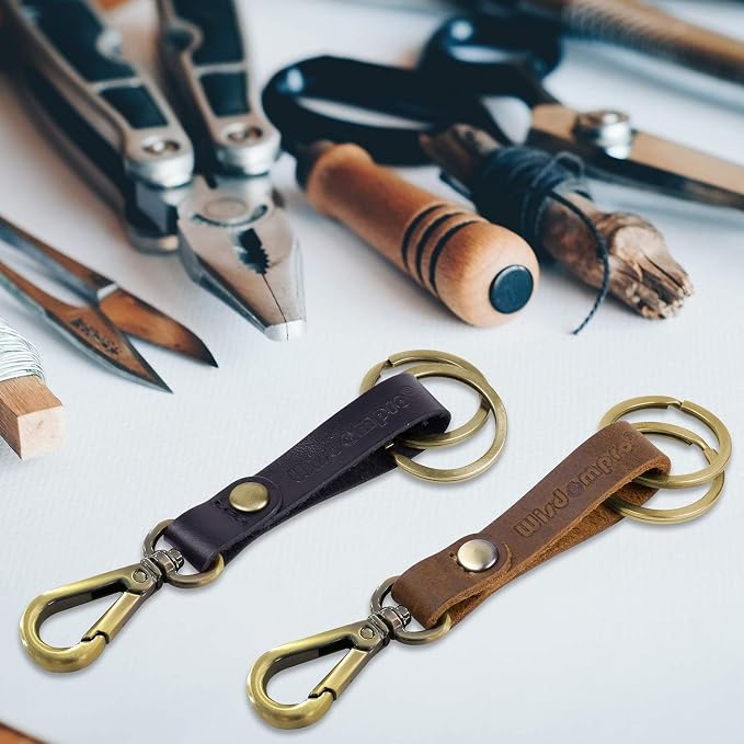 Wisdompro 2 Pcs Genuine Leather Belt Loop Keychain for Men and Women | Heavy Duty Key Chain Holder with Retro Vintage Bronze Belt Loop Clip and 2 Keyrings for Keys, Car Fob