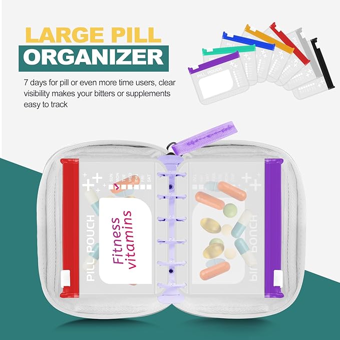 A7 Waterproof Pill Organizer with 7 PCS L Size Zippered Pill Pouches for A7 Binder, Large BPA-Free Weekly Medicine Organizer, Color-Coded Reusable Travel Pill Storage System