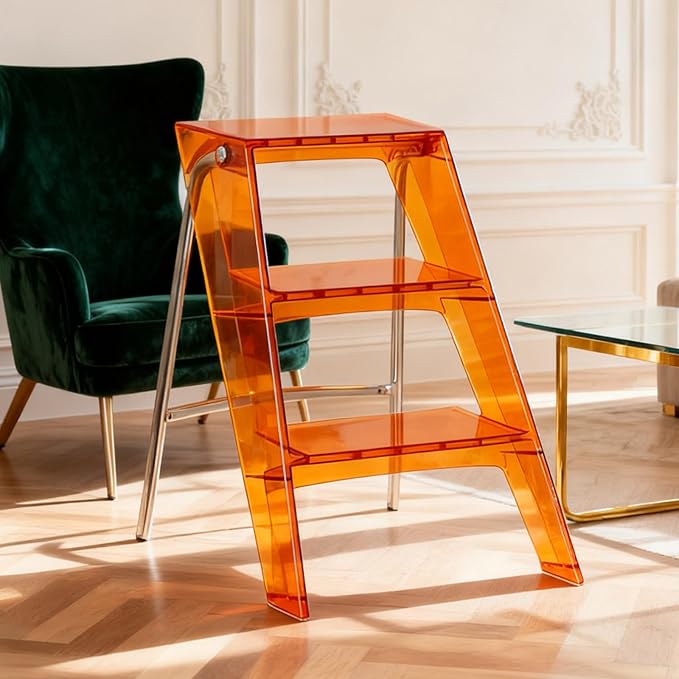 Acrylic 3 Step Ladder Folding Step Stool for Adults Foldable Small Step Stool Ladder for Kitchen Plastic Stepladder Modern Collapsible Ladder for Closet Home Bathroom Indoor (Transparent Orange)