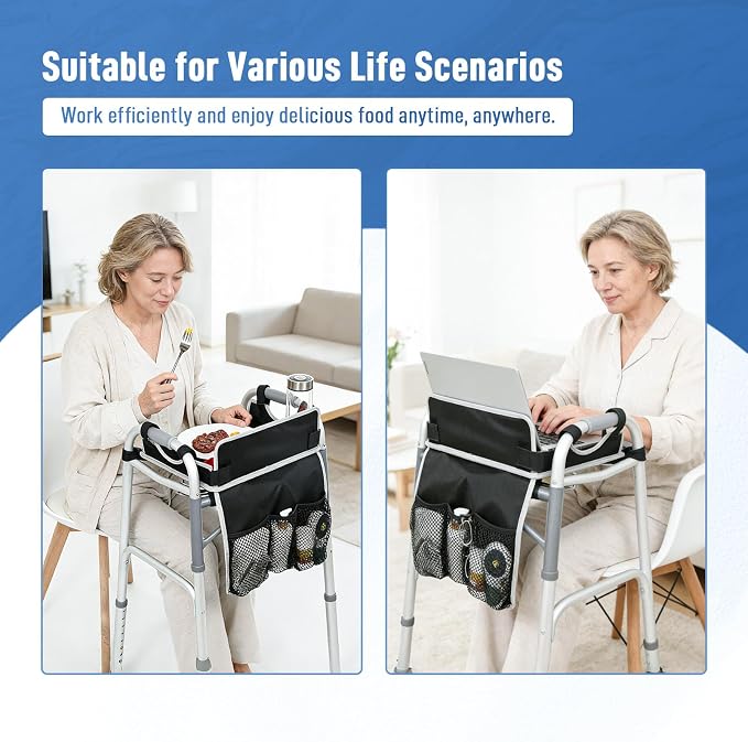 JFMkaer Walker Tray with Cup Holder – Folding Walker with Pockets & Non Slip Mat for Food,Mobility Trays Fits Most Standard Folding Walkers,Walker Accessories for Elderly