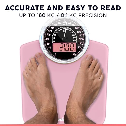 Hybrid Bathroom Scale - Analog & Digital Display, Accurate to 400 lbs | See weight on both an analog dial and digital LCD at once. Wide glass platform, accurate to 0.2 lbs, batteries included.