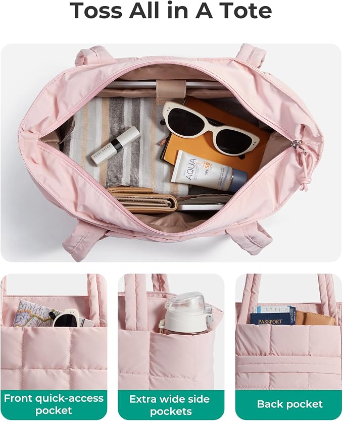 BAGSMART Expandable Tote Bag for Women, Puffer Work Tote Handbag, Quilted Carry On Bag for Travel Gym