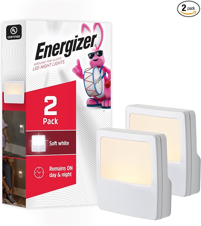 Energizer Night Lights Plug into Wall, 2-Pack, LED Plug in Nightlight, Soft Warm White, Always On, Adults, Kids, Bedroom, Bathroom, Nursery, Hallway, Kitchen, UL Safety Listed, 81568