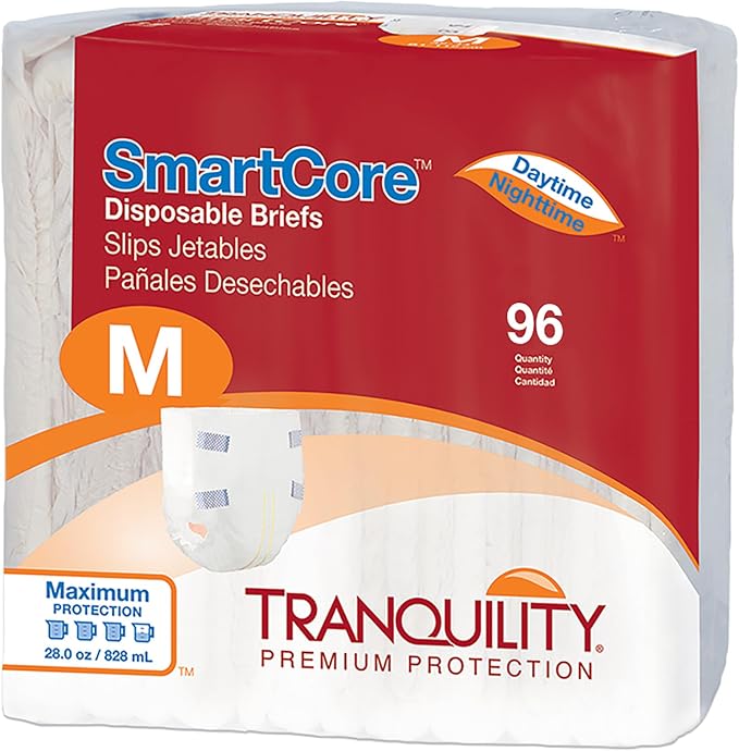 Tranquility SmartCore Adult Disposable Briefs, Incontinence Control with Breathable Kufguard Technology, Fastening Tabs & Wetness Indicator, Latex-Free, Adult Medium, 28oz Capacity, 96ct Case