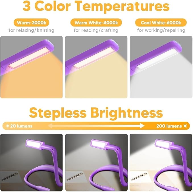Voilet Neck Light with Storage Case, 10-80Hrs Eye-friendly Book Reading Light, Knitting Crochet Sewing Craft Light Rechargeable Adjustable, Christmas Birthday Gifts for Book Lovers Knitters Crafters