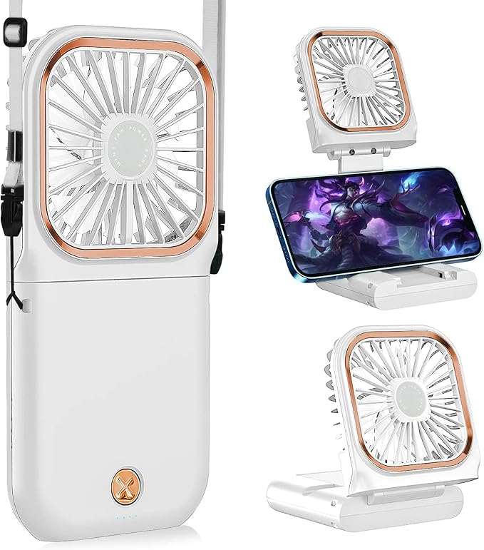 Portable Neck Fan Mini Quiet Handheld Personal Foldable USB Rechargeable Fan with Phone Holder founction for Home Office Outdoor Travel, Hands Free Necklace Fans