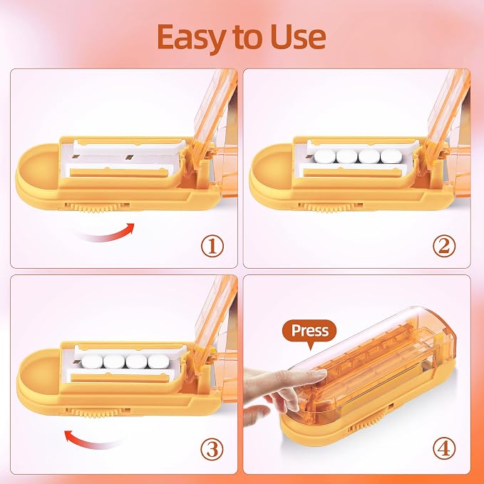DUBSTAR Pill Cutter Splitter for Small and Tiny Pills, Multiple Pill Cutters for Small or Large Pills, Adjustable Pill Splitter with Centering Device and Blade Guard for Multi Tablets (Orange)