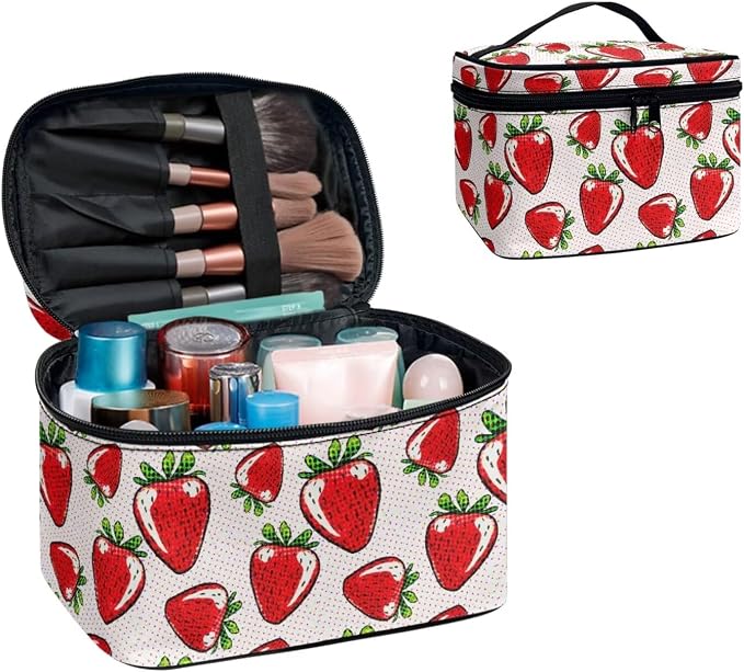 Red Strawberry Travel Toiletry Bag Kit Makeup Case for Women, Polka Dot Fruit Strawberries Dopp Kit Zipper Cosmetic Organizer Brush Holder Makeup Bag