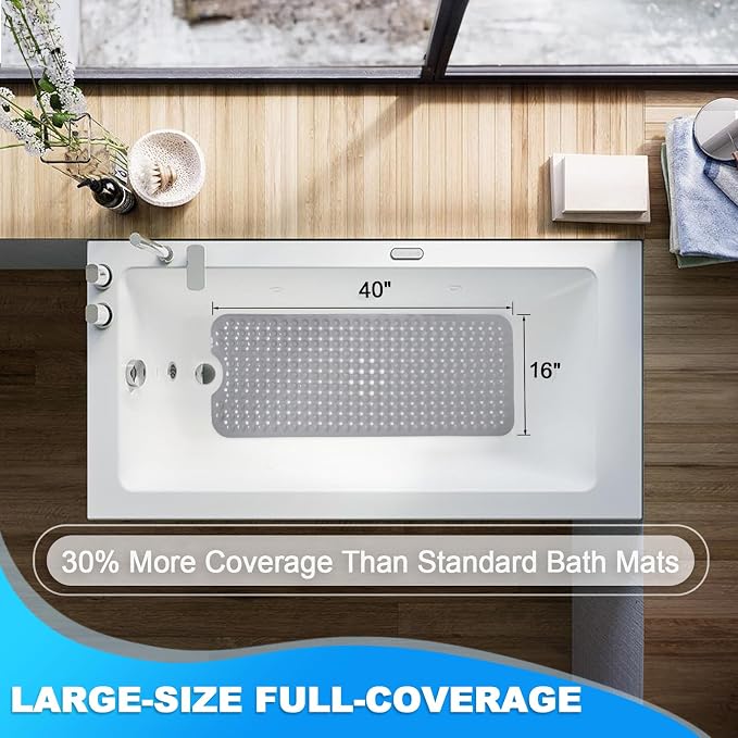 Bathtub and Shower Mats, 40x16 Inch Extra Large Non Slip Soft Bath Tub Mat with Suction Cups and Drain Holes for Bathroom Floor and Keep Tubs Clean, Machine Washable, Gray