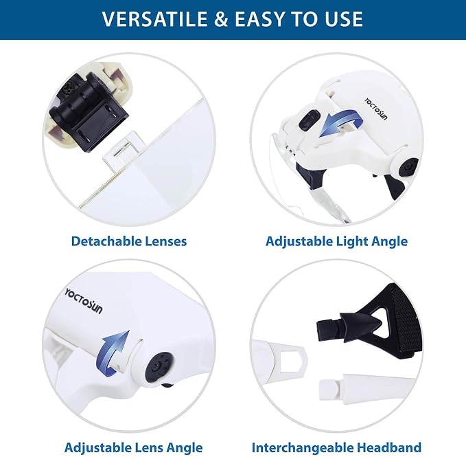 YOCTOSUN Head Mount Magnifier with 2 Led Professional Jeweler's Loupe Light Bracket and Headband are Interchangeable