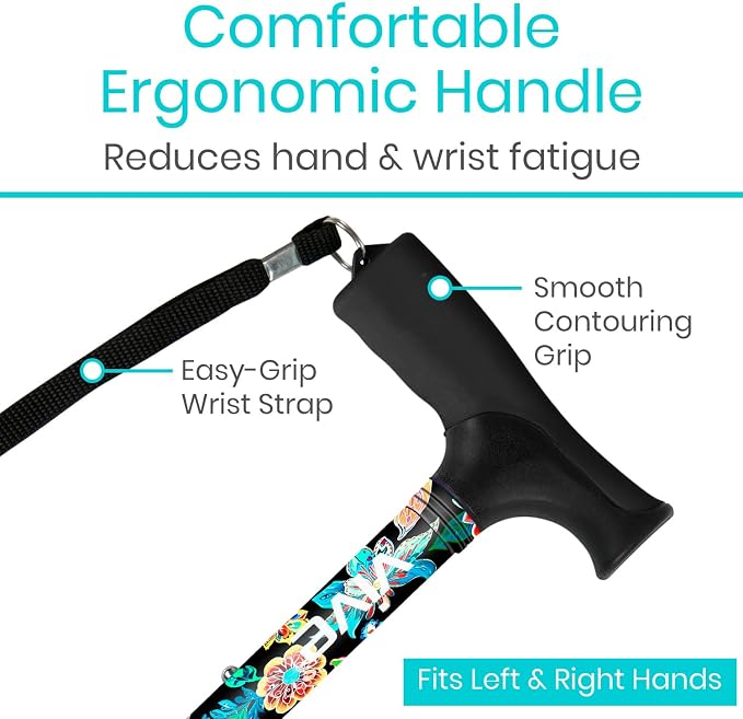 Vive Folding Cane - Foldable Walking Cane for Men, Women - Fold-up, Collapsible, Lightweight, Adjustable, Portable Hand Walking Stick - Balancing Mobility Aid - Sleek, Comfortable (Neon Flower)