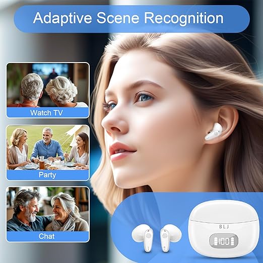 BLJ OTC Hearing Aids for Mild to Moderate Loss, Ergonomic Fit & Instant Use No App, 32-Channel DSP Noise-Cancelling & Feedback Suppression, Home/Office/Daily Use, Digital Display Case (White)