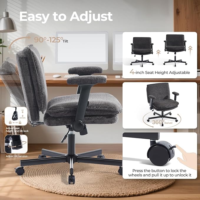 Criss Cross Chair with Flip-Up Arms and Lockable Wheels, Plush Fabric Cross Legged Office Desk Chair,Wider 125°Tilting Adjustable Swivel Computer Chair for Home, Apartment, Bedroom,Black