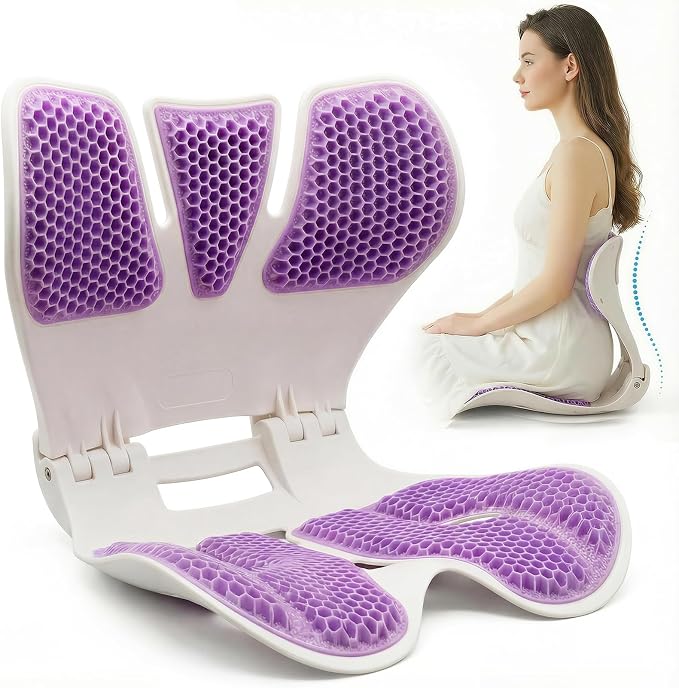 Ergonomic Gel Back Support for Office Chair - Folding Lumbar Support Posture Corrector,Portable Chair Back Rest Support for Floor Seat, Perfect for Home, Work, Vehicle,Purple
