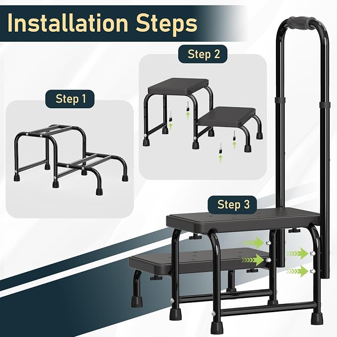 Suteck 2 Step Stool with Handle for Elderly Adults, Adjustable Handrail | 6-Leg Welded Frame, 10-Level Adjustable Handrail, Wide Non-Slip Platform, Bathroom, Kitchen, RV, Black