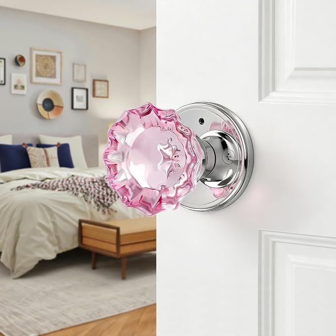 Pink Glass Door Knobs Interior with Lock, Crystal Door Knob | Interior Rose Shape Polished Chrome Privacy Door Knob for Bedroom and Bathroom