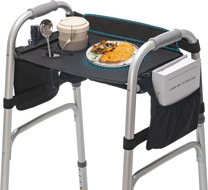 Tray for Walkers for Seniors with Cup Holder - Walker Accessories【w/Pockets, Cup Holder & Non Slip Mat for Food】Mobility Trays Fits Most Standard Folding Walkers, Easy & Removable Assembly