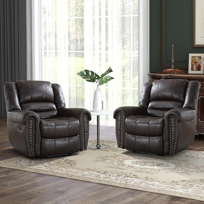 Leather Recliner Chair Set of 2, Classic and Traditional Manual Recliner Chair with Comfortable Arms and Back,Manual Single Recliner Sofa for Living Room, Dark Grey