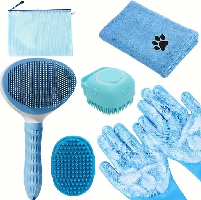 6-Piece Dog and Cat Grooming Kit - Self Cleaning Slicker Brush, Deshedding Brush, Bath Brush with Soap Dispenser, Grooming Bath Gloves, Microfiber Towel and Storage Pouch (Blue)