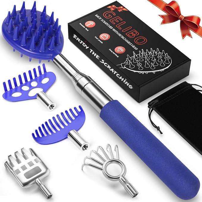 Telescoping Back Scratcher with 5 Detachable Heads, Gifts for Men, Blue | 10-31'' Reach,Stainless Steel, Non-Slip Grip, Birthday Gifts for Men Women, Christmas Stocking Stuffers, White Elephant Gifts