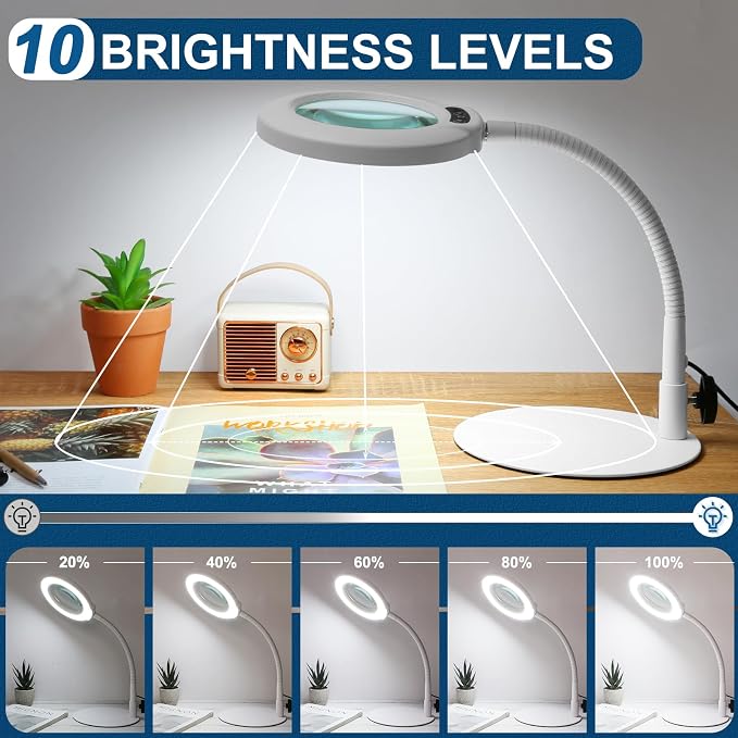 IVMAIE 12X Magnifying Glass with Light, Real Glass Lens, 5 Color Modes Dimmable, Flexible Gooseneck Lighted Magnifier with Stand, LED Desk Lamp Hands Free for Crafts Painting Reading Close Work, White