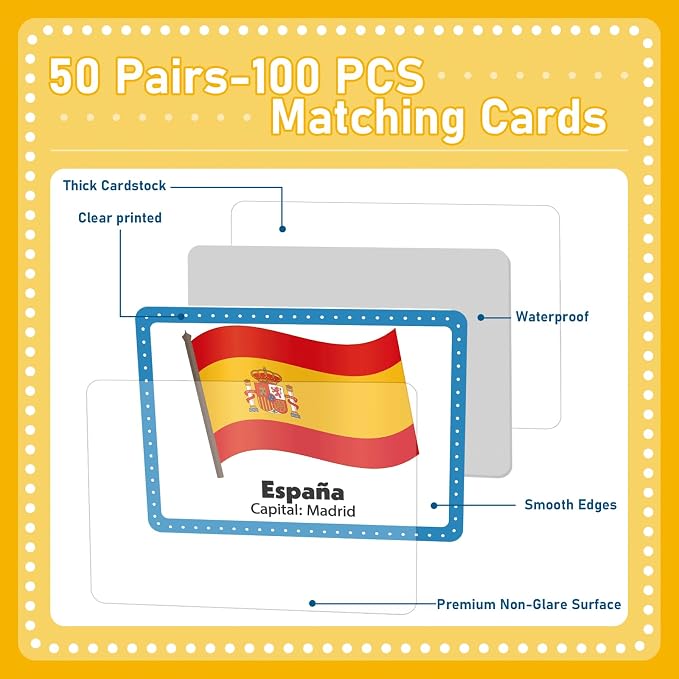 gisgfim 100 PCS Juego de Memoria de Banderas del Mundo en español para niños y adultos Flags of the World Memory Matching Games in Spanish Educational Matching Game Fun Fast Memory Game Gift Learning