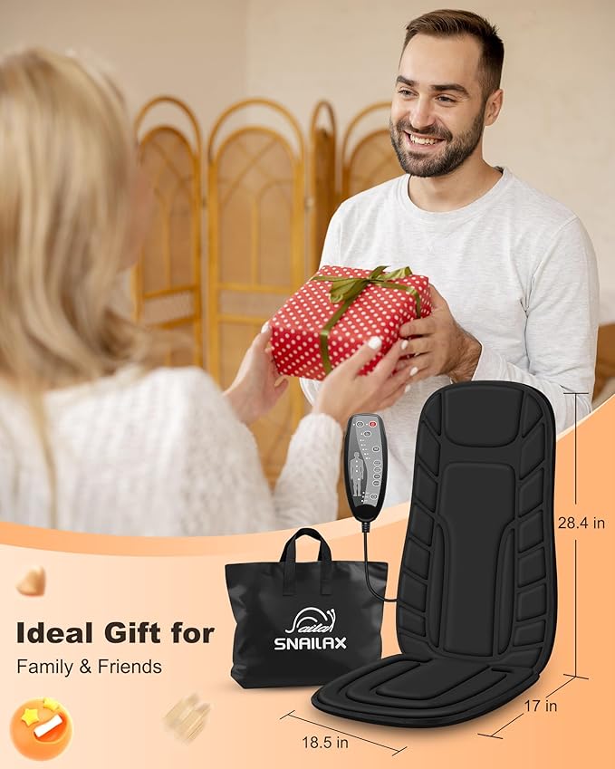 Snailax Back Massager with Heat, Massage Seat Cushion with 10 Motors, Massage Chair Pad for Home Office Use, 5 Modes & 3 Intensity Levels, 2 Heat Settings with 30-60-90 Mins Timer, Gifts for Him Her