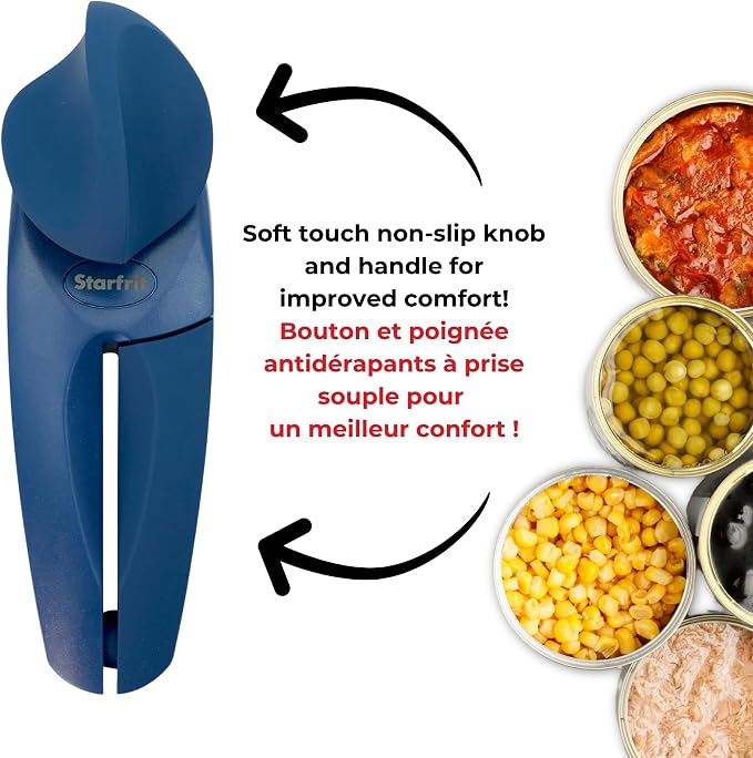 Starfrit MightiCan Can Opener, Safe Smooth-Cut, Comfort Grip, Blue | Safe can opener. Holds lid after cutting. No sharp edges. Comfort grip. Non-slip knob. 3-year warranty.