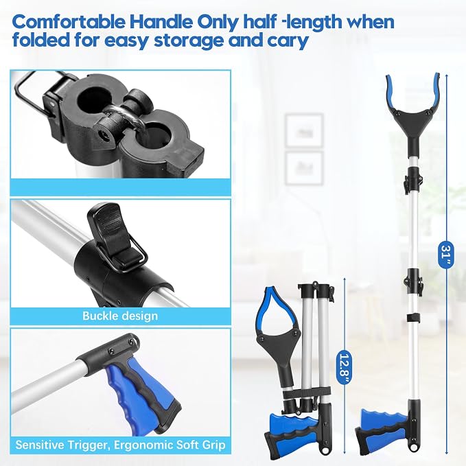 Upgraded 31 Inch Grabber Reacher Tool for Seniors, Trash Picker Upper- Anti Slip Wide Jaw, Stable Center of Gravity, Folds to 12.8 Inch Easy Storage Ideal for Trash Pickup & Surgery Recovery