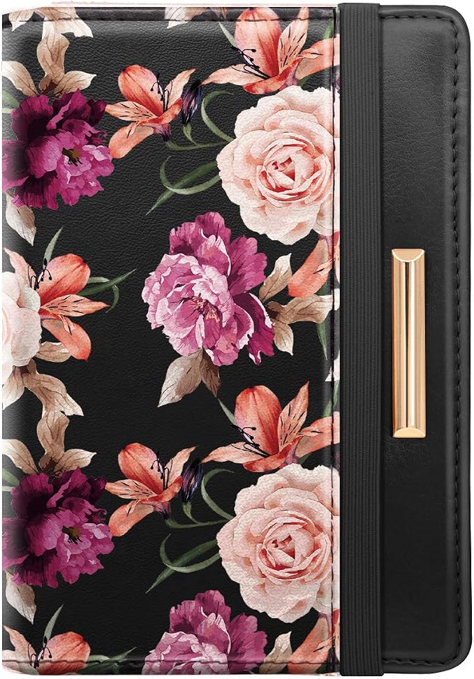 Coco Rossi Passport Holder Cover RFID Cute Slim Travel Wallet Women | Travel Essentials, Passport Book Holders, Passport Cover Case, PU Leather, Thin Card Holder, Spliced Design, Black Flower