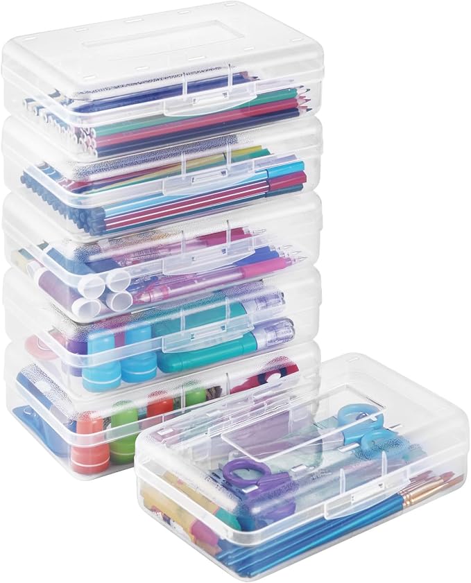 Sooez Plastic Pencil Case Box 6 Pack, Large Crayon Maker Pen Organizer, Plastic Containers with Snap Lids, Stackable Craft Storage Boxes Bulk, School Supplies Art Box for Bead, Clear