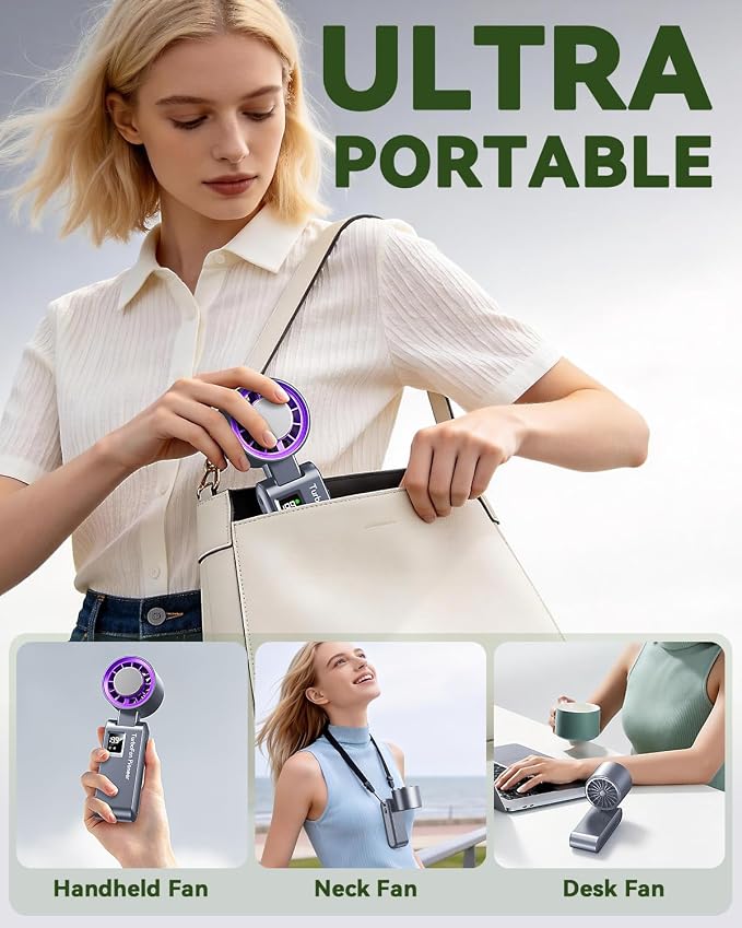 Portable Handheld Fan with Ice Cooling, 7.5m/s High Speed Turbo Fan, 150° Foldable 4-in-1 Personal Neck Fan, 199 Speed Stepless Control, USB-C Rechargeable for Travel, Makeup, Hiking,Grey