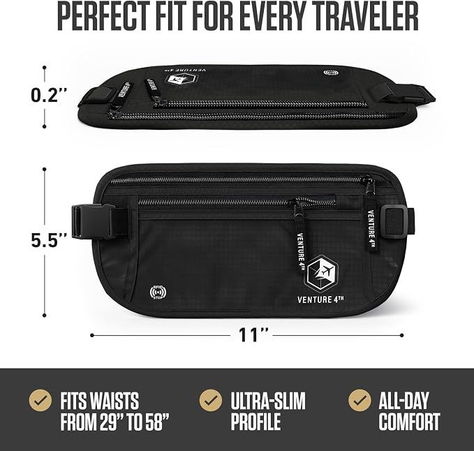 VENTURE 4TH Travel Money Belt, RFID Blocking Passport Holder - Pure Black