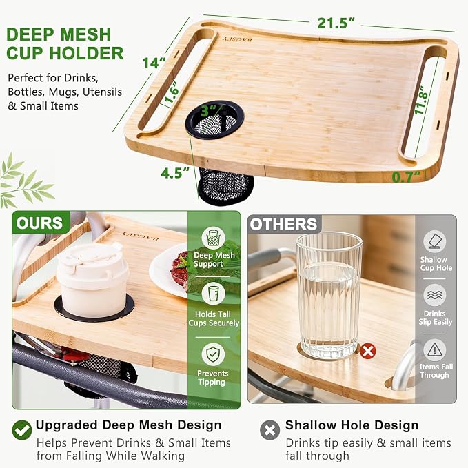 Walker Tray Table with Side Pockets & Cup Holder for Folding Walkers, Foldable Bamboo Walker Tray for Seniors, Stable Walker Accessories with Raised Edges for Meals, Drinks, Reading &Daily Living