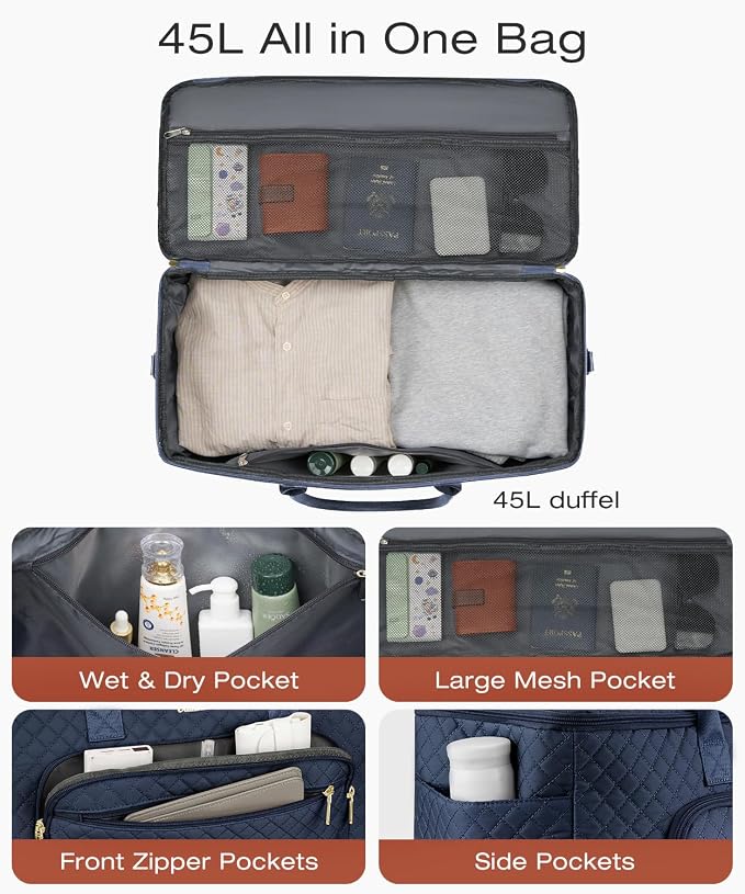 Travel Duffle Bag, Wide Open Large Weekender Bag for Women with Shoe Compartment, Carry on Overnight Bags with Toiletry Bag, Hospital Bag for Women Labor Delivery with Wet Pocket (Navy)