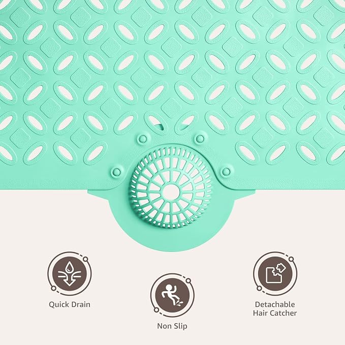 OTHWAY Bath Mat for Tub Non Slip: 39" X 17" Long Bathtub Mat with Hair Catcher│Big Drain Holes Shower Mats for Inside Shower│Machine Washable (Light Green)