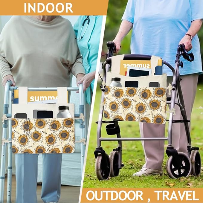 Walker Bag, Washable Walker Accessories Storage Bags with Cup Holder, Handy Walker Basket Pouch Tote Bag for Folding Walker, Wheelchairs, Strollers (Yellow Sunflower)