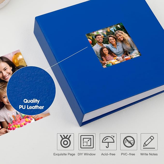 4x6 Photo Album Holds 240 Photos with Writing Space, Leather Cover Picture Book with Front Window for Family Wedding Baby Travel & Graduation Memories, Blue