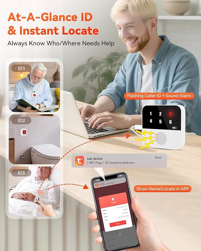 PILSAMAS WiFi Caregiver Pager with 1 Wireless Call Button & 1 Wristband | App Alerts With No Monthly Fee, Caller ID Display, IP65 Waterproof, Ideal For Elderly Home Care