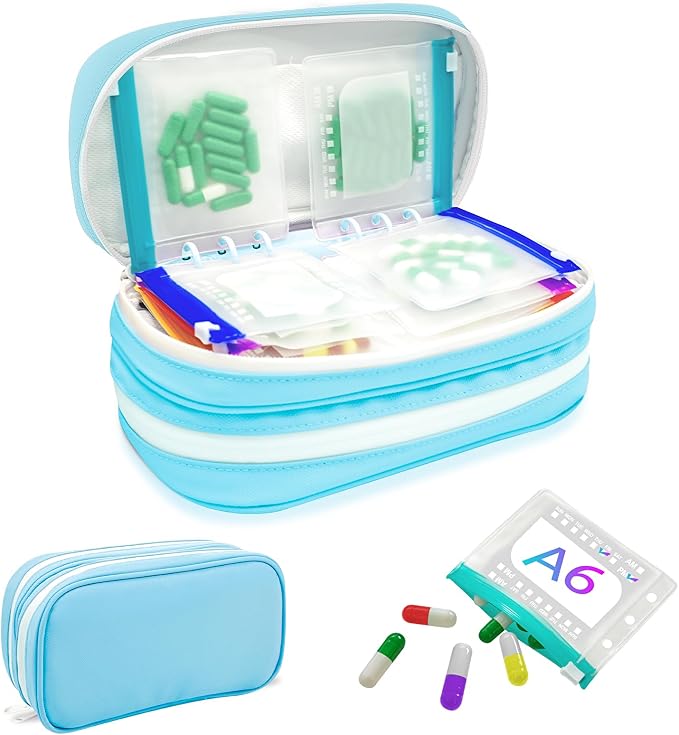 Timueetech XXL A6 Pill Organizer, 28 BPA-Free Medication Pouches for A6 Binders, Large Monthly Waterproof Storage System with Double-Compartment Travel Case, Blue