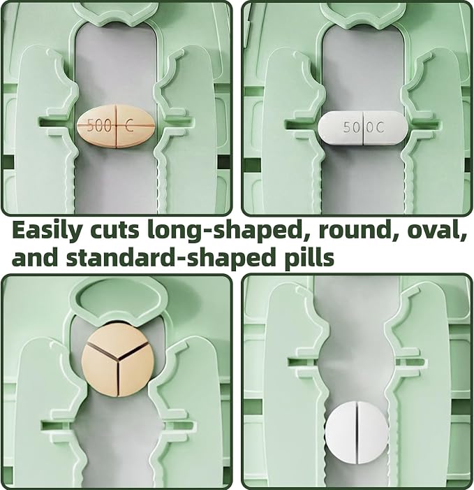 Pill Cutter Splitter with Adjustable Slot, 1/2 1/3 1/4 Even Splitting for Small Large Pills, Oval Long Tablets & Vitamins, Dual Fixing Clips, Multi-Pill Cutting, Hidden Sharp Blade (Green)
