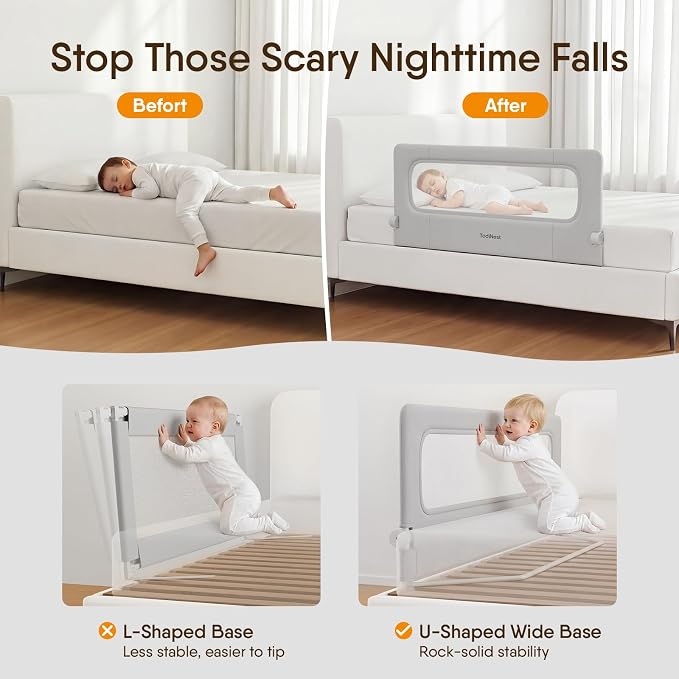 Bed Rail for Toddlers, 47 Inch Foldable Baby Guard | 47 in foldable toddler rail with reinforced anchors, no-gap mattress fit, double lock, washable fabric for King|Queen